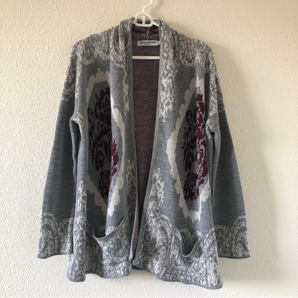 - COTTON EMPORIUM Gray Plum Floral Print Open Front Knit Cardigan Women XS…